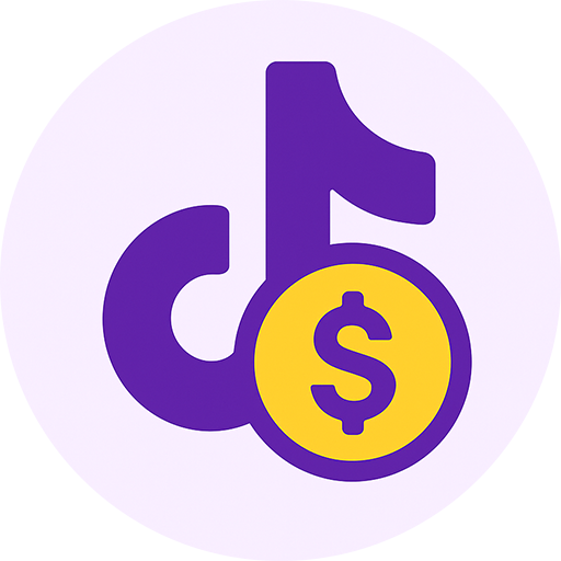 Digital-style na logo na may purple na TikTok icon at gintong barya — sumisimbolo sa ideya ng pag-kita ng pera sa TikTok kahit walang puhunan.